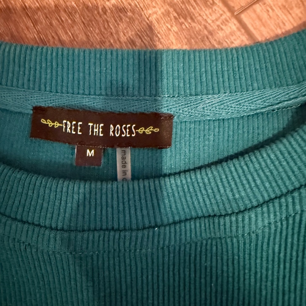 Free the Roses Teal Ribbed Crewneck Top